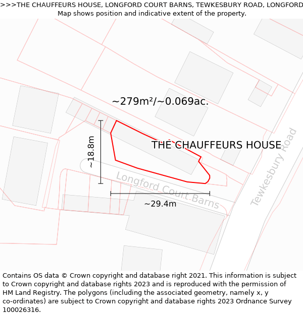 THE CHAUFFEURS HOUSE, LONGFORD COURT BARNS, TEWKESBURY ROAD, LONGFORD, GLOUCESTER, GL2 9BN: Plot and title map