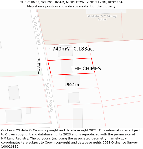 THE CHIMES, SCHOOL ROAD, MIDDLETON, KING'S LYNN, PE32 1SA: Plot and title map