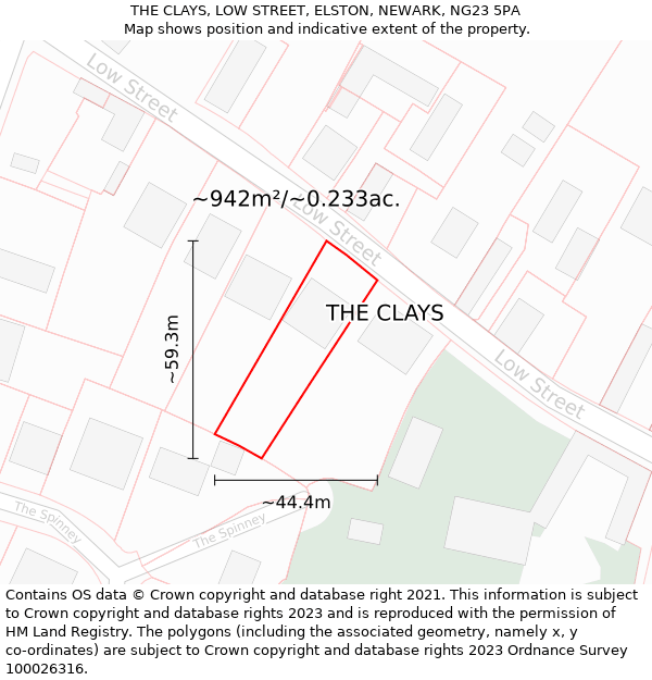 THE CLAYS, LOW STREET, ELSTON, NEWARK, NG23 5PA: Plot and title map