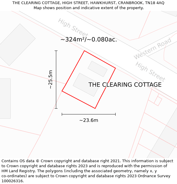 THE CLEARING COTTAGE, HIGH STREET, HAWKHURST, CRANBROOK, TN18 4AQ: Plot and title map