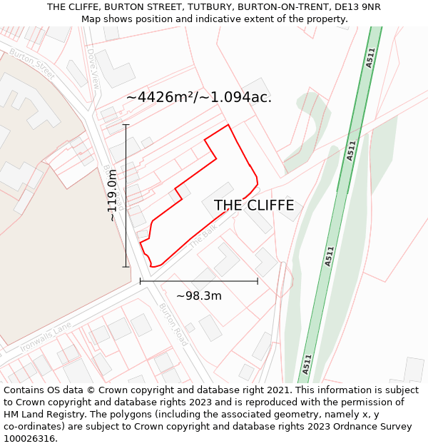 THE CLIFFE, BURTON STREET, TUTBURY, BURTON-ON-TRENT, DE13 9NR: Plot and title map