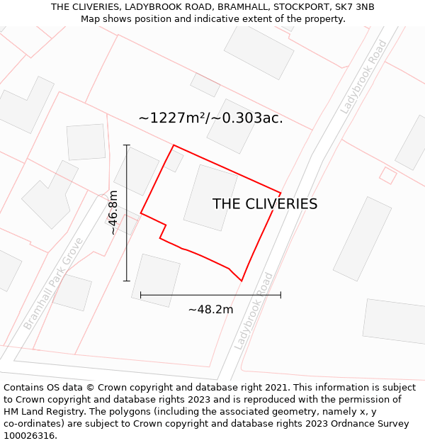 THE CLIVERIES, LADYBROOK ROAD, BRAMHALL, STOCKPORT, SK7 3NB: Plot and title map