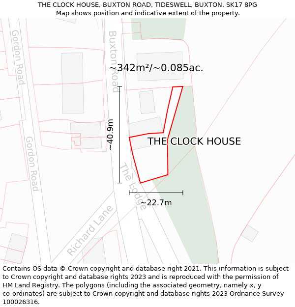 THE CLOCK HOUSE, BUXTON ROAD, TIDESWELL, BUXTON, SK17 8PG: Plot and title map