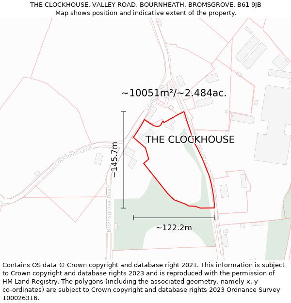 THE CLOCKHOUSE, VALLEY ROAD, BOURNHEATH, BROMSGROVE, B61 9JB: Plot and title map