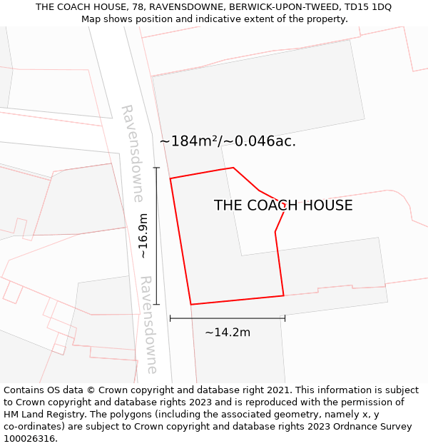 THE COACH HOUSE, 78, RAVENSDOWNE, BERWICK-UPON-TWEED, TD15 1DQ: Plot and title map