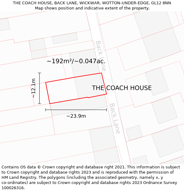 THE COACH HOUSE, BACK LANE, WICKWAR, WOTTON-UNDER-EDGE, GL12 8NN: Plot and title map