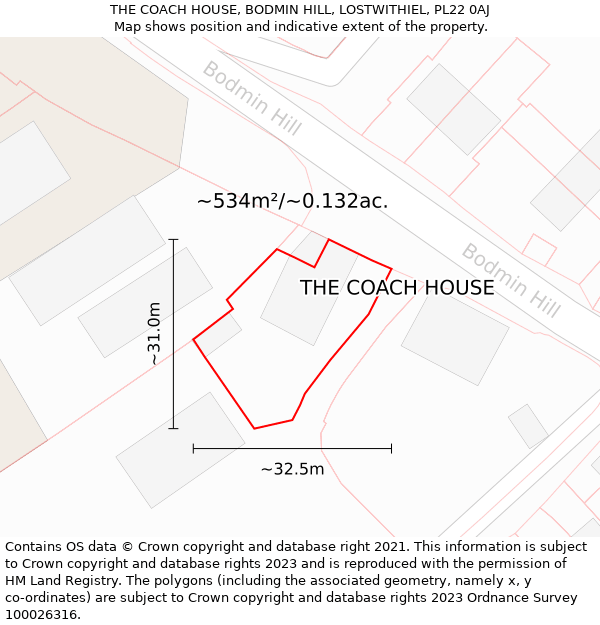 THE COACH HOUSE, BODMIN HILL, LOSTWITHIEL, PL22 0AJ: Plot and title map