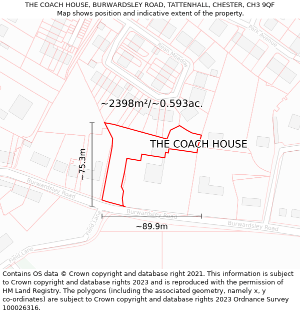 THE COACH HOUSE, BURWARDSLEY ROAD, TATTENHALL, CHESTER, CH3 9QF: Plot and title map
