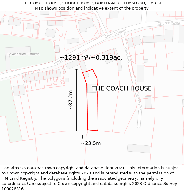THE COACH HOUSE, CHURCH ROAD, BOREHAM, CHELMSFORD, CM3 3EJ: Plot and title map