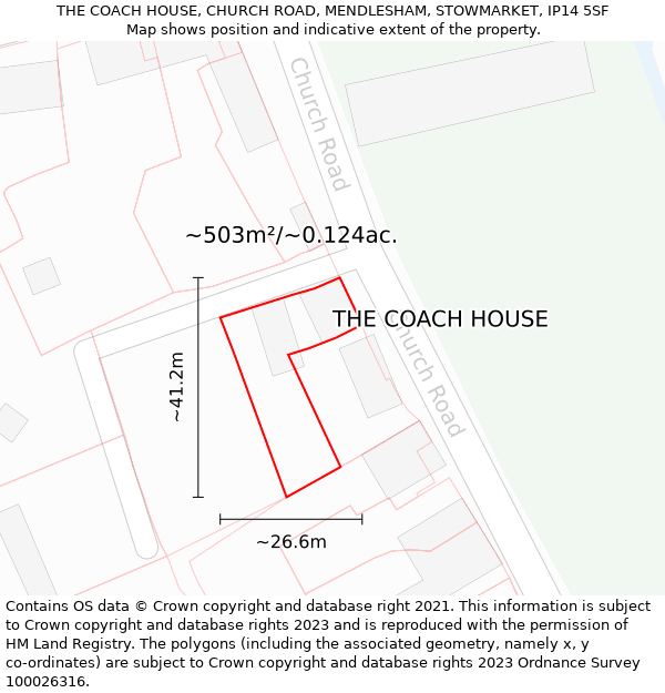 THE COACH HOUSE, CHURCH ROAD, MENDLESHAM, STOWMARKET, IP14 5SF: Plot and title map