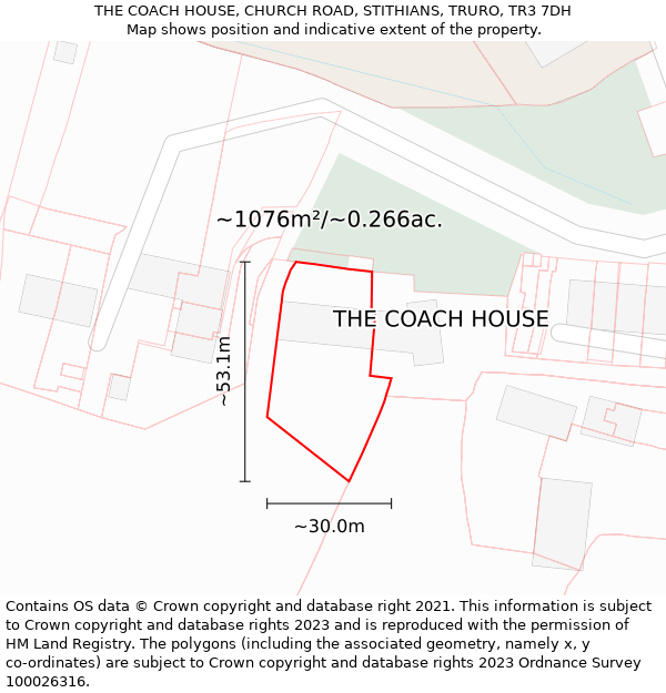 THE COACH HOUSE, CHURCH ROAD, STITHIANS, TRURO, TR3 7DH: Plot and title map
