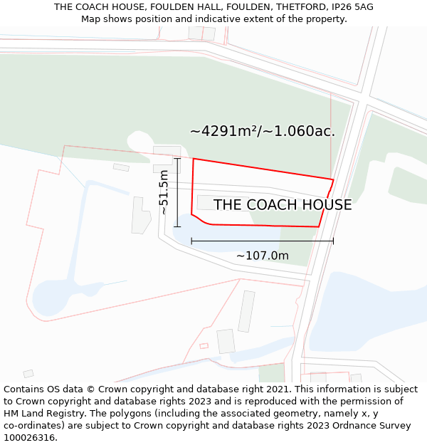 THE COACH HOUSE, FOULDEN HALL, FOULDEN, THETFORD, IP26 5AG: Plot and title map