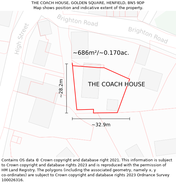 THE COACH HOUSE, GOLDEN SQUARE, HENFIELD, BN5 9DP: Plot and title map
