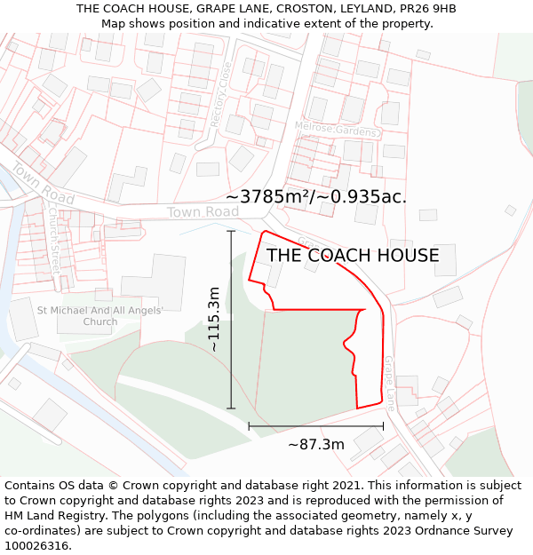 THE COACH HOUSE, GRAPE LANE, CROSTON, LEYLAND, PR26 9HB: Plot and title map