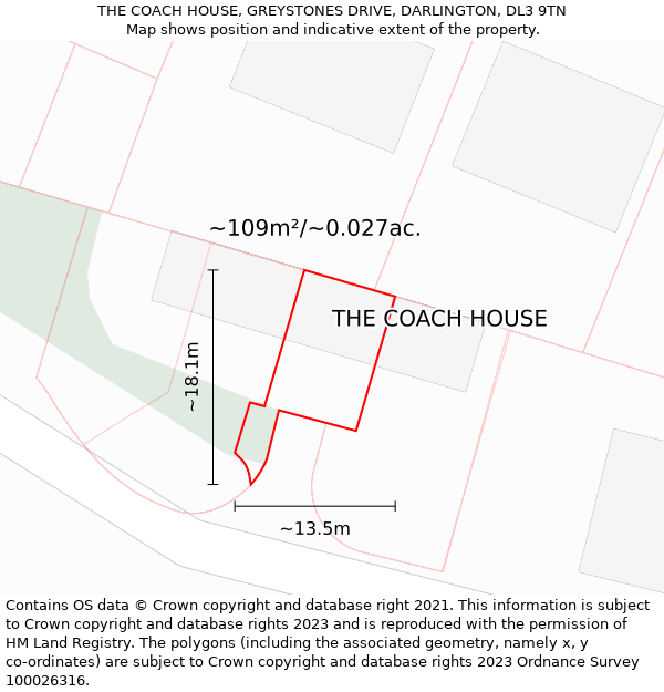THE COACH HOUSE, GREYSTONES DRIVE, DARLINGTON, DL3 9TN: Plot and title map