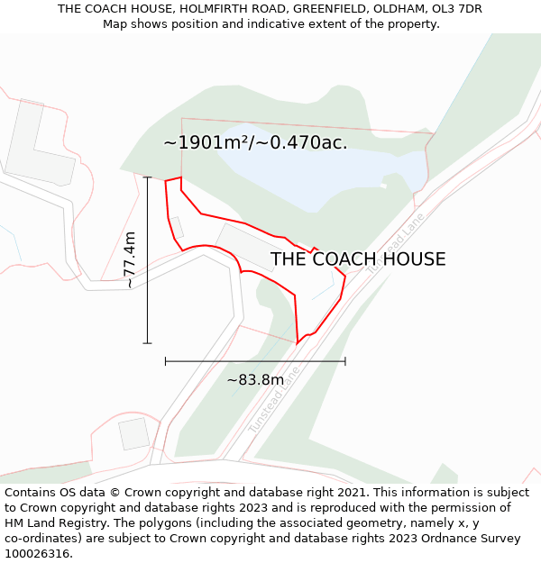 THE COACH HOUSE, HOLMFIRTH ROAD, GREENFIELD, OLDHAM, OL3 7DR: Plot and title map