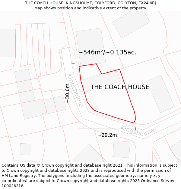 THE COACH HOUSE, KINGSHOLME, COLYFORD, COLYTON, EX24 6RJ: Plot and title map