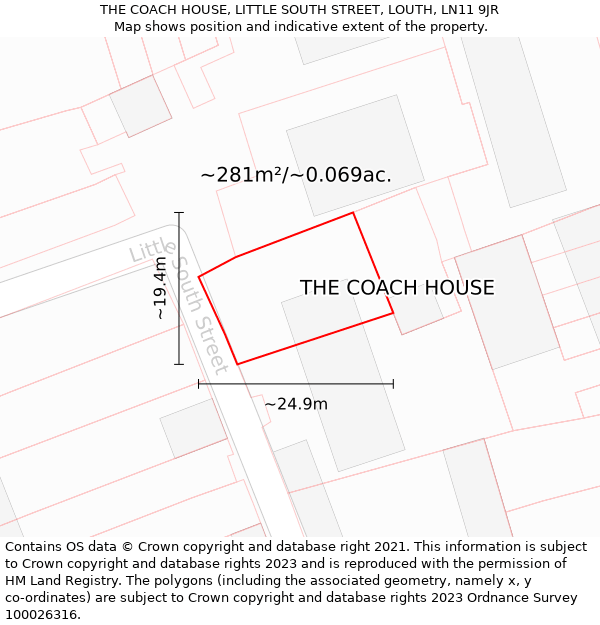 THE COACH HOUSE, LITTLE SOUTH STREET, LOUTH, LN11 9JR: Plot and title map