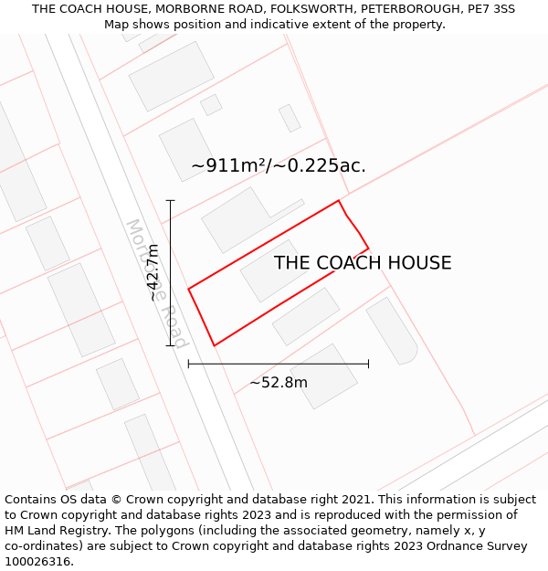 THE COACH HOUSE, MORBORNE ROAD, FOLKSWORTH, PETERBOROUGH, PE7 3SS: Plot and title map