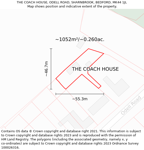 THE COACH HOUSE, ODELL ROAD, SHARNBROOK, BEDFORD, MK44 1JL: Plot and title map