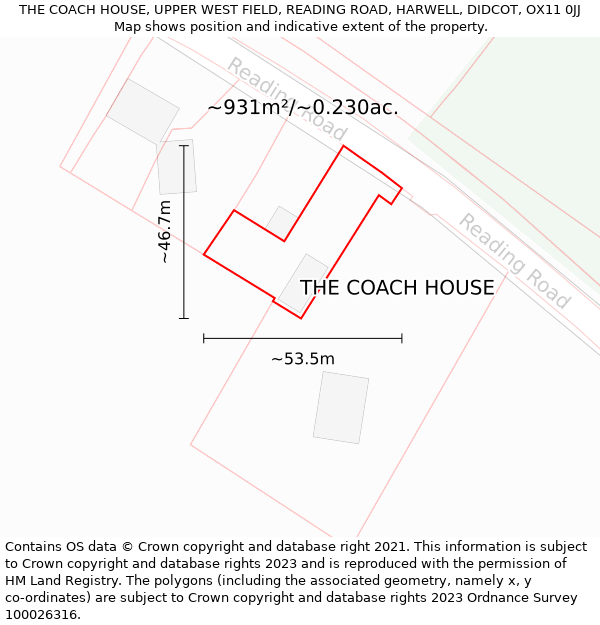 THE COACH HOUSE, UPPER WEST FIELD, READING ROAD, HARWELL, DIDCOT, OX11 0JJ: Plot and title map