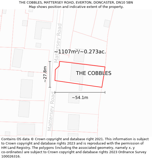 THE COBBLES, MATTERSEY ROAD, EVERTON, DONCASTER, DN10 5BN: Plot and title map