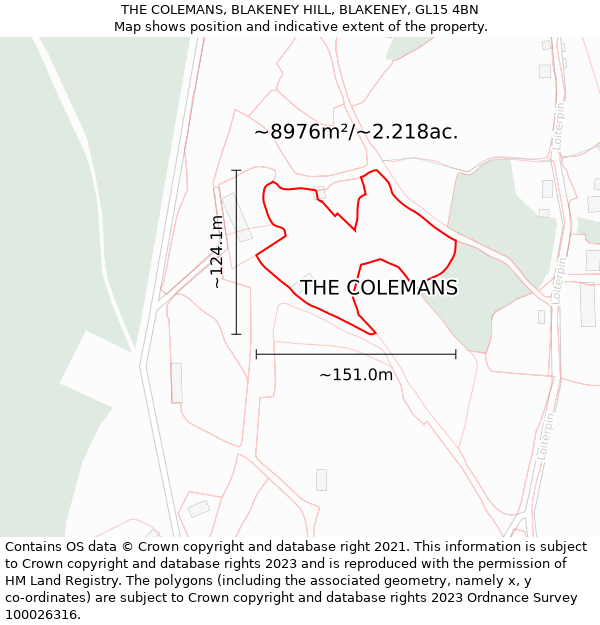 THE COLEMANS, BLAKENEY HILL, BLAKENEY, GL15 4BN: Plot and title map