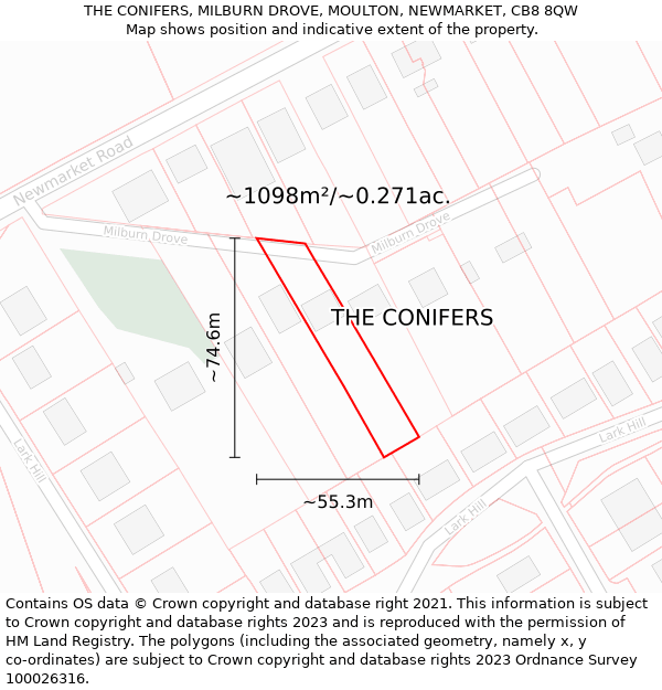 THE CONIFERS, MILBURN DROVE, MOULTON, NEWMARKET, CB8 8QW: Plot and title map