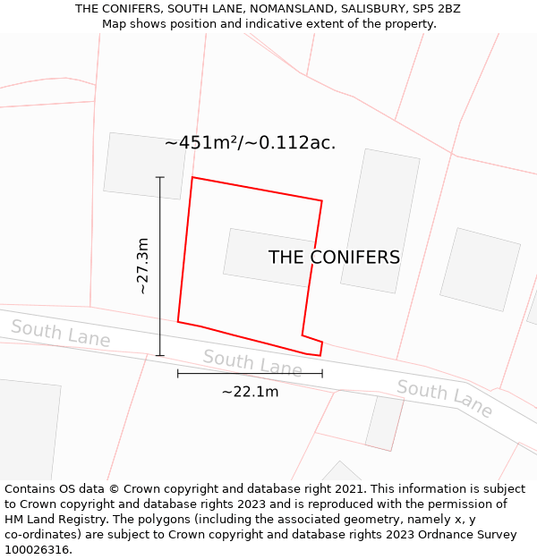 THE CONIFERS, SOUTH LANE, NOMANSLAND, SALISBURY, SP5 2BZ: Plot and title map