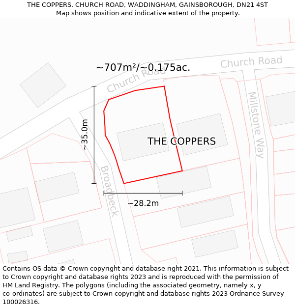 THE COPPERS, CHURCH ROAD, WADDINGHAM, GAINSBOROUGH, DN21 4ST: Plot and title map