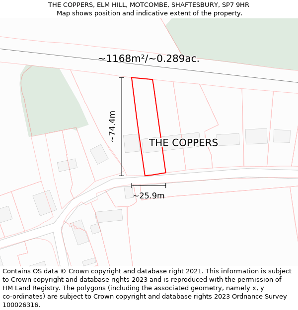 THE COPPERS, ELM HILL, MOTCOMBE, SHAFTESBURY, SP7 9HR: Plot and title map