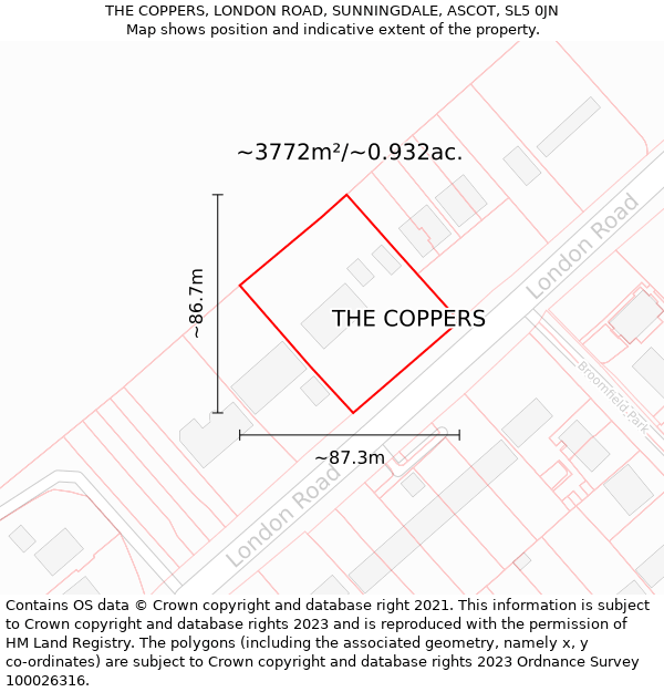 THE COPPERS, LONDON ROAD, SUNNINGDALE, ASCOT, SL5 0JN: Plot and title map