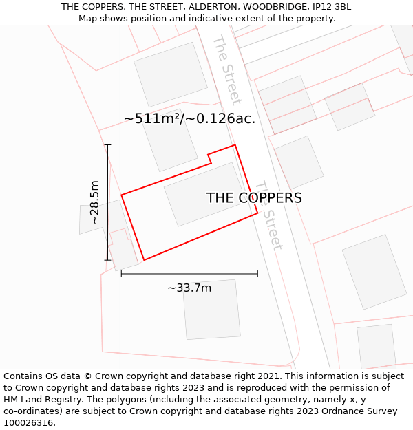 THE COPPERS, THE STREET, ALDERTON, WOODBRIDGE, IP12 3BL: Plot and title map