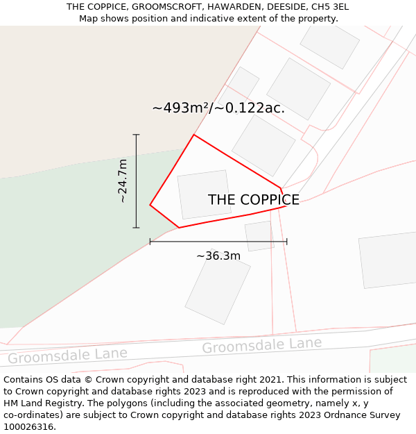 THE COPPICE, GROOMSCROFT, HAWARDEN, DEESIDE, CH5 3EL: Plot and title map