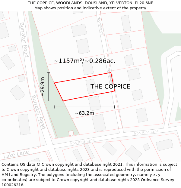 THE COPPICE, WOODLANDS, DOUSLAND, YELVERTON, PL20 6NB: Plot and title map