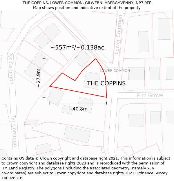 THE COPPINS, LOWER COMMON, GILWERN, ABERGAVENNY, NP7 0EE: Plot and title map