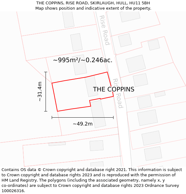 THE COPPINS, RISE ROAD, SKIRLAUGH, HULL, HU11 5BH: Plot and title map