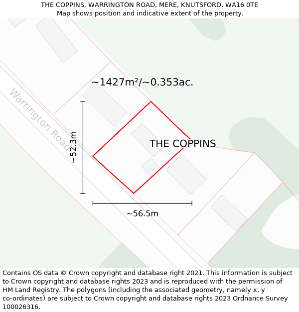 THE COPPINS, WARRINGTON ROAD, MERE, KNUTSFORD, WA16 0TE: Plot and title map