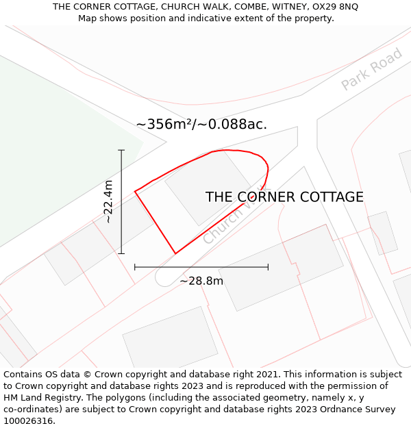 THE CORNER COTTAGE, CHURCH WALK, COMBE, WITNEY, OX29 8NQ: Plot and title map
