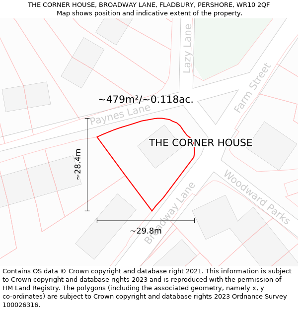 THE CORNER HOUSE, BROADWAY LANE, FLADBURY, PERSHORE, WR10 2QF: Plot and title map