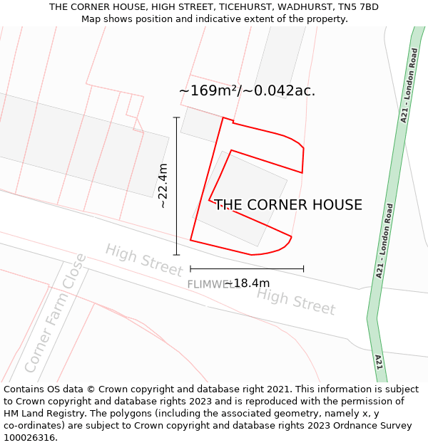 THE CORNER HOUSE, HIGH STREET, TICEHURST, WADHURST, TN5 7BD: Plot and title map