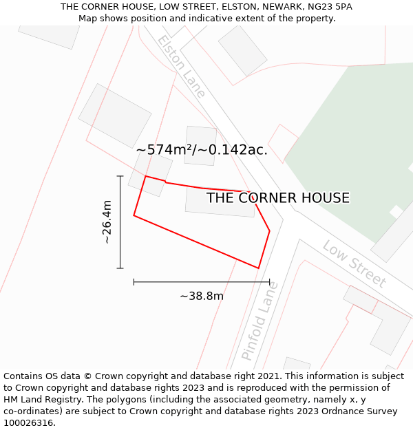 THE CORNER HOUSE, LOW STREET, ELSTON, NEWARK, NG23 5PA: Plot and title map
