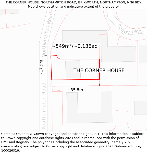 THE CORNER HOUSE, NORTHAMPTON ROAD, BRIXWORTH, NORTHAMPTON, NN6 9DY: Plot and title map