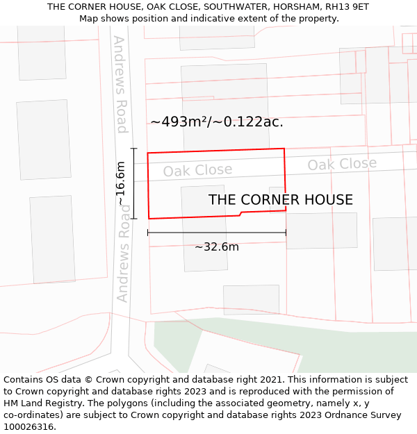 THE CORNER HOUSE, OAK CLOSE, SOUTHWATER, HORSHAM, RH13 9ET: Plot and title map