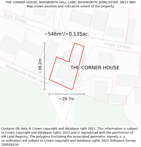 THE CORNER HOUSE, WADWORTH HALL LANE, WADWORTH, DONCASTER, DN11 9BH: Plot and title map