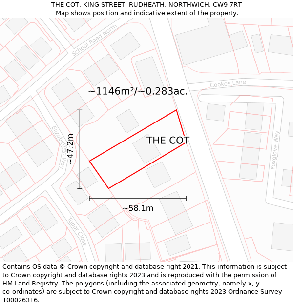 THE COT, KING STREET, RUDHEATH, NORTHWICH, CW9 7RT: Plot and title map