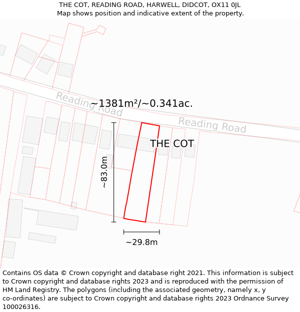 THE COT, READING ROAD, HARWELL, DIDCOT, OX11 0JL: Plot and title map