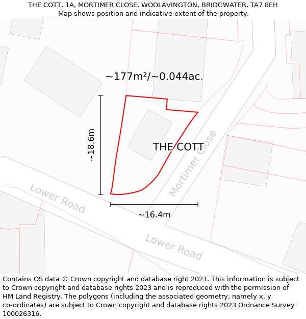 THE COTT, 1A, MORTIMER CLOSE, WOOLAVINGTON, BRIDGWATER, TA7 8EH: Plot and title map