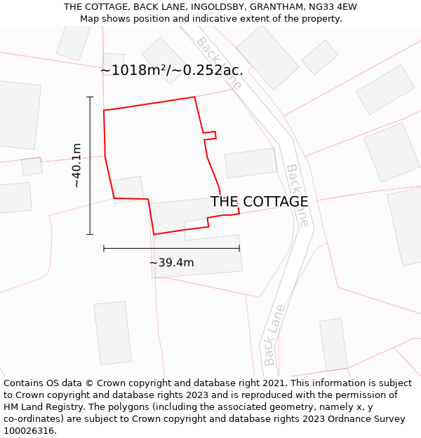 THE COTTAGE, BACK LANE, INGOLDSBY, GRANTHAM, NG33 4EW: Plot and title map