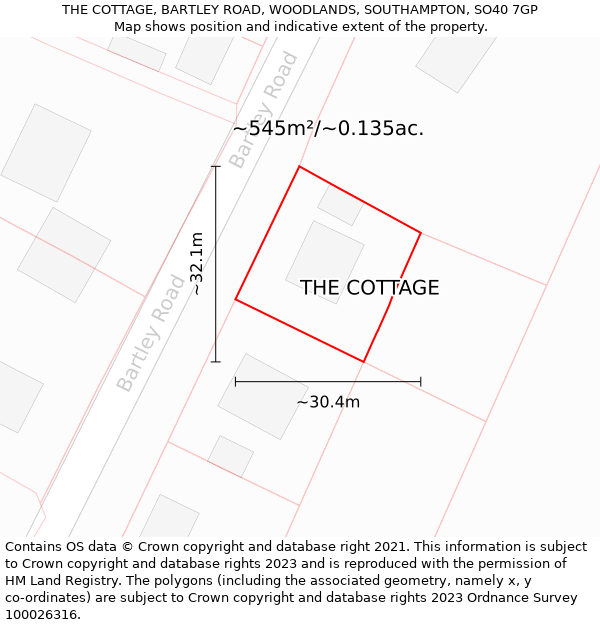 THE COTTAGE, BARTLEY ROAD, WOODLANDS, SOUTHAMPTON, SO40 7GP: Plot and title map